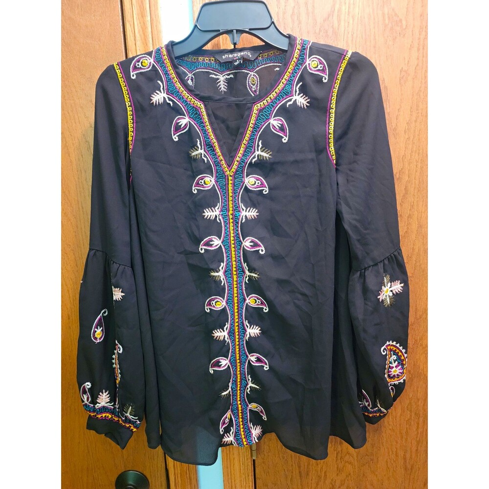 Sharagano Embroidered Peasant Blouse Small S Black Paisley Boho Long Sleeve